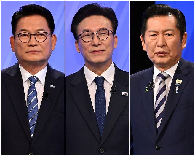 더불어민주당 송영길(왼쪽부터), 김민석, 정청래 당대표 후보가 5일 서울 여의도 KBS에서 열린 2차 TV토론회를 준비하고 있다. 2026.8.5 국회사진기자단
