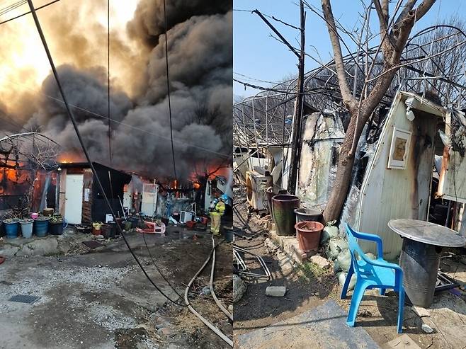경기 과천시 꿀벌마을에 사는 박아무개(61)씨의 주거용 비닐하우스가 지난해 3월 불에 타 뼈대만 남았다. 박씨 제공