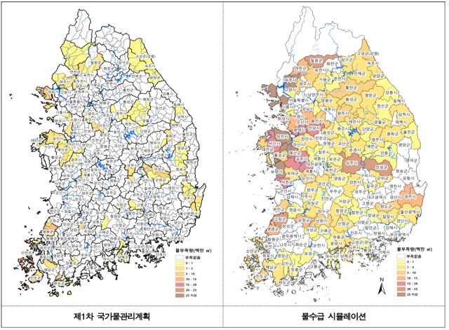 ▲제1차 국가물관리계획과 감사원 시뮬레이션의 지역별 물부족량 증감 비교 그림. 출처 : 감사원 2023년 7월 감사보고서-기후위기 적응 및 대응실태1 물·식량 분야