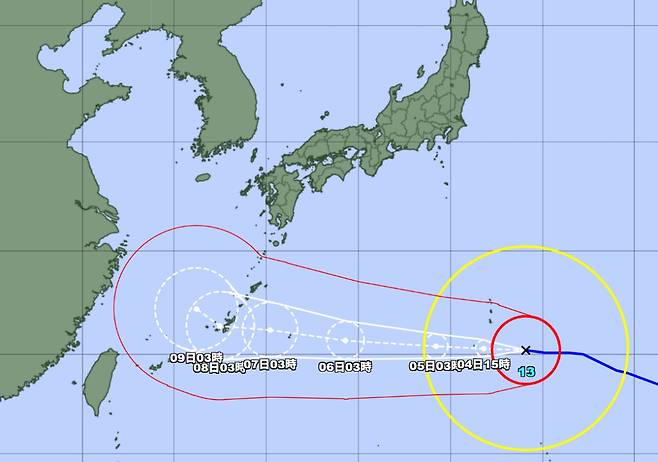 일본 기상청이 전망한 제13호 태풍 ‘돌핀’ 예상 경로. 사진=일본 기상청 갈무리