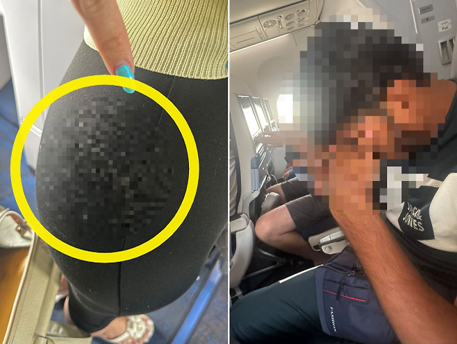 아랍에미리트(UAE) 두바이에서 태국 방콕으로 향하는 비행기 안에서 옆자리 외국인 남성으로부터 성추행을 당했다는 태국인 여성이 경찰서를 찾아 당시 입은 바지를 제출하며 DNA 검사를 요청했다고 4일(현지시간) 현지 매체들이 전했다. 사진은 피해 여성이 남성의 체액이라고 주장하고 있는 레깅스 엉덩이 부분 하얀 얼룩(왼쪽)과 성추행 범행을 시인한 파키스탄인 남성(오른쪽)의 모습(사진 일부 모자이크 처리함). 피해 여성 페이스북 캡처