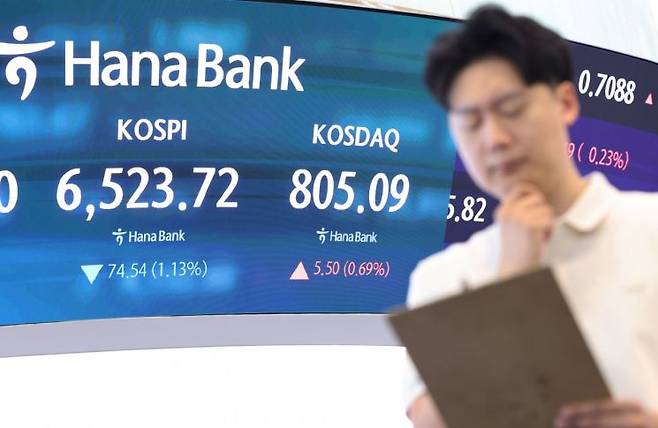 코스피가 하락 출발한 6일 서울 중구 하나은행 딜링룸에 코스피, 코스닥 지수가 표시돼있다. 연합뉴스