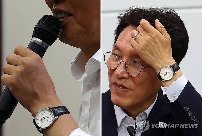 정청래·김민석, '커플 시계?' (원주·춘천=연합뉴스) 양지웅 기자 = 지역 당심을 공략하고자 강원을 찾은 더불어민주당 정청래(왼쪽)·김민석 당대표 후보가 똑같은 이재명 대통령 손목시계를 찬 모습이 포착돼 눈길을 끈다.
왼쪽은 3일 원주시의회를 찾은 정 후보, 오른쪽은 지난달 23일 강원도청을 찾은 김 후보의 모습. 2026.8.3 yangdoo@yna.co.kr