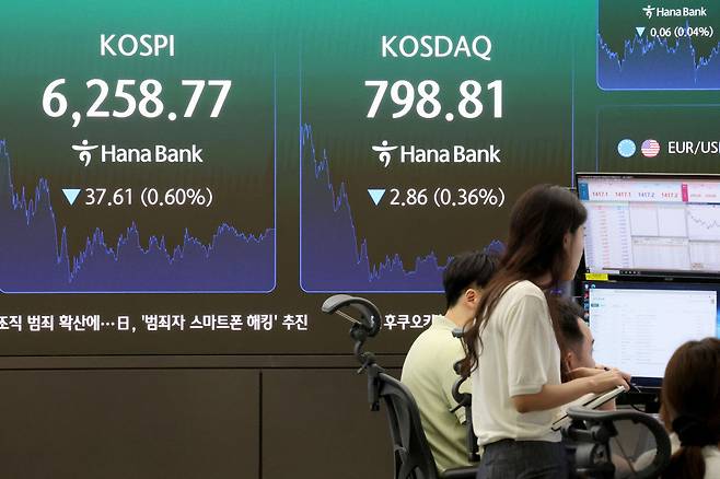 8월 7일 오후 서울 중구 하나은행 딜링룸 현황판에 코스피와 코스닥 종가가 표시돼 있다. 뉴스1