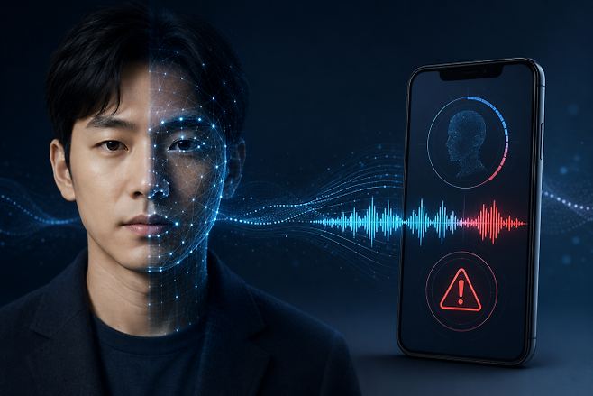인공지능(AI)을 활용한 얼굴 합성 ‘딥페이크’와 가짜 목소리 ‘딥보이스’를 탐지하는 기술을 표현한 이미지. AI 생성 이미지.
