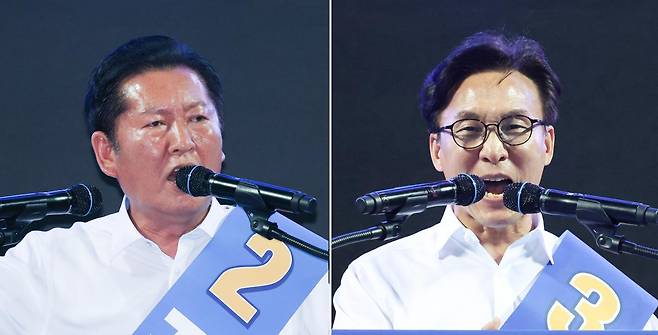 정청래(왼쪽) 더불어민주당 당대표 후보와 김민석 후보가 8일 오후 인천 남동체육관에서 열린 인천광역시당 정기당원대회 및 당대표·최고위원 선출 순회경선에서 정견발표를 하고 있다. 뉴시스