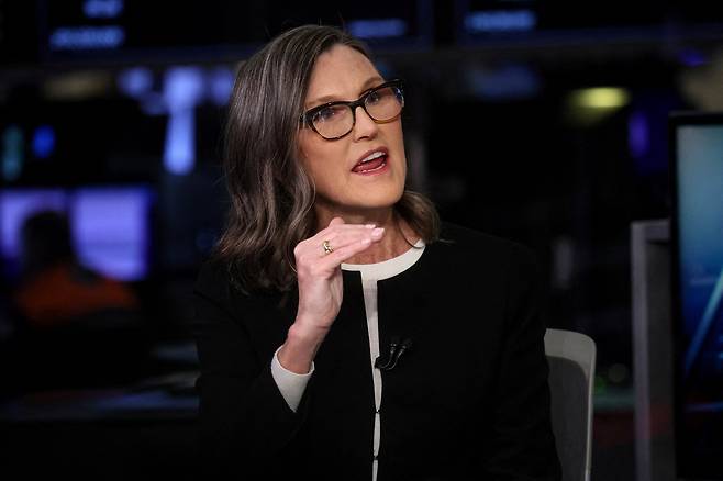FILE PHOTO: Cathie Wood, CEO of Ark Invest, speaks during an interview on CNBC on the floor of the New York Stock Exchange (NYSE) in New York City, U.S., February 27, 2023. REUTERS/Brendan McDermid/File Photo