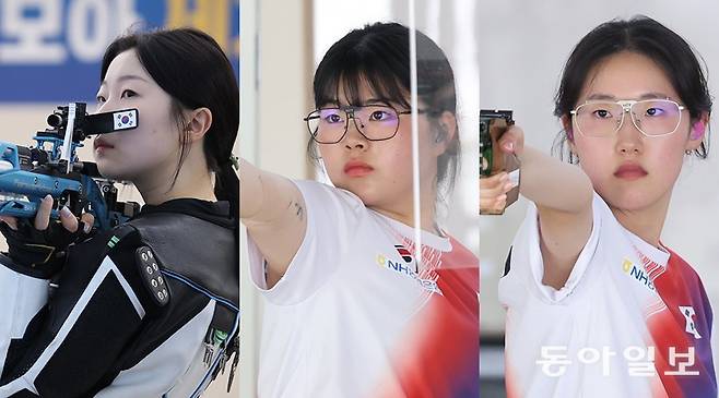 한국 사격 국가대표 반효진이 10일 충북 진천선수촌에서 열린 공개 훈련에서 과녁을 조준하고 있다(왼쪽). 16세 10개월 18일의 나이로 2024 파리 올림픽 여자 10m 공기소총 금메달을 따낸 반효진은 다음 달 개막하는 2026 아이치-나고야 아시안게임에서도 정상에 도전한다. 반효진과 함께 파리 올림픽 정상에 오른 권총 종목의 양지인(오른쪽)과 오예진(가운데)도 아시안게임에서 동반 금메달을 노린다.