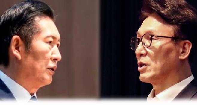더불어민주당 8·17 전당대회 당대표 경선에 나선 김민석 후보(오른쪽)와 정청래 후보.