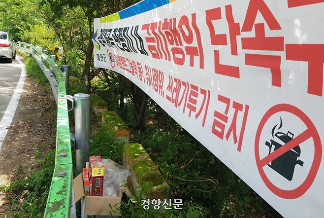 지난 12일 강원도 화천군 사내면 광덕계곡 인근 도로변에 설치된 ‘쓰레기 투기 단속 안내 현수막’ 밑에 피서객이 버리고 간 것으로 추정되는 쓰레기 상자가 놓여 있다. 최승현 기자