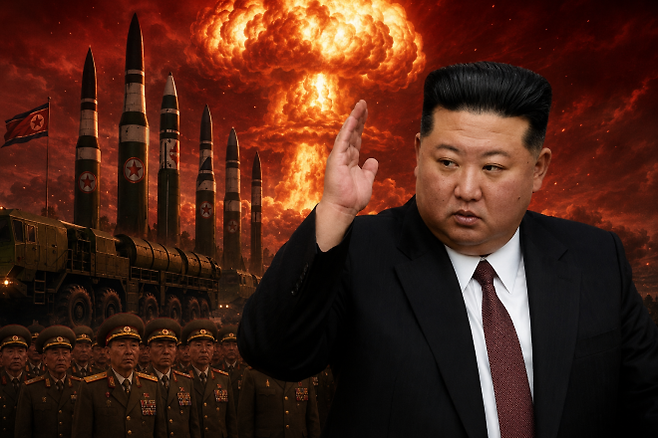 2026년 6월 20~22일 열린 북한 노동당 중앙위원회 제9기 제2차 전원회의에서 핵무력 확대·강화 방침을 밝힌 김정은 북한 국무위원장과 탄도미사일 등을 합성한 이미지. 김 위원장 모습은 조선중앙TV 화면을 활용했으며, 배경은 기사 이해를 돕기 위해 인공지능(AI)으로 제작했다. 조선중앙TV·연합뉴스 자료사진·AI 합성 이미지