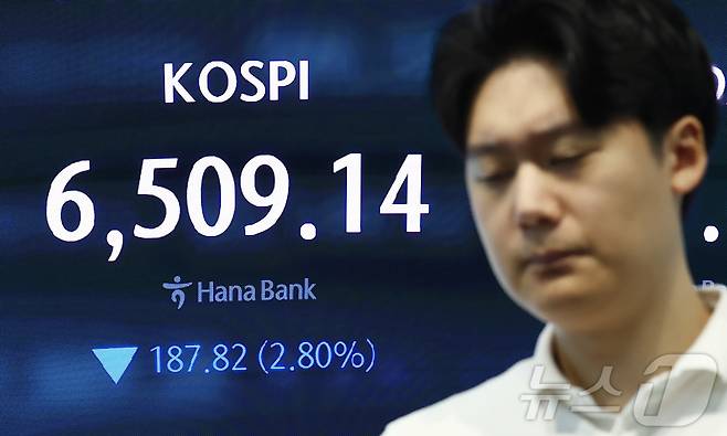 25일 오전 서울 중구 하나은행 본점 딜링룸 전광판에 코스피 등 개장 시황이 나오고 있다. 2026.8.25 ⓒ 뉴스1 김민지 기자