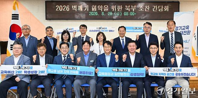 28일 가평교육지원청에서 열린 ‘벽깨기 협약 북부 조찬모임’에서 안민석 교육감이 북부 시·군 시장, 부시장과 각 시·군 교육장과 기념촬영을 하고 있다. 윤원규기자