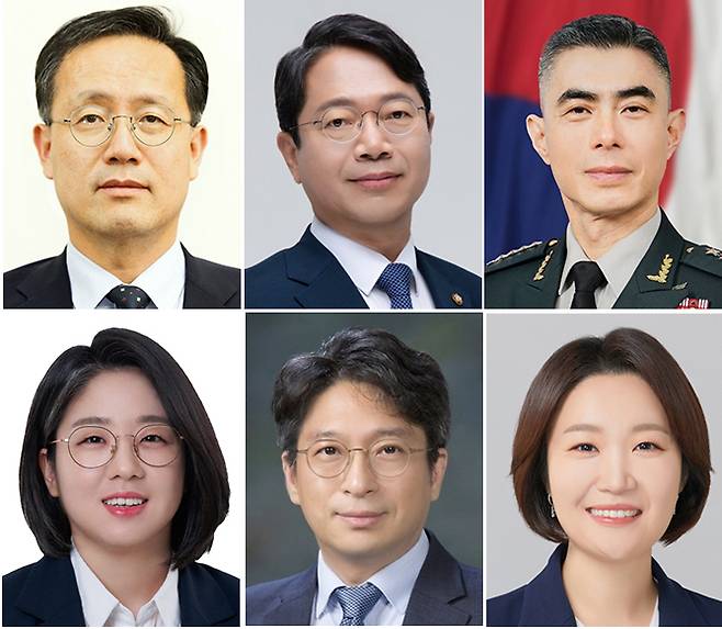 ▲청와대는 이재명 대통령이 30일 경제부총리 겸 재정경제부 장관을 포함한 6곳의 장관 후보자를 지명했다고 밝혔다. 윗줄 왼쪽부터 재정경재부 장관 후보로 지명된 이형일 1차관, 법무부 장관 후보로 지명된 더불어민주당 김승원 의원, 국방부 장관 후보로 지명된 강신철 전 연합사 부사령관. 아랫줄 왼쪽부터 성평등가족부 장관 후보로 지명된 기본소득당 용혜인 의원, 국토부 장관 후보로 지명된 홍지선 2차관, 중소벤처기업부 장관 후보로 지명된 민주당 이소영 의원.