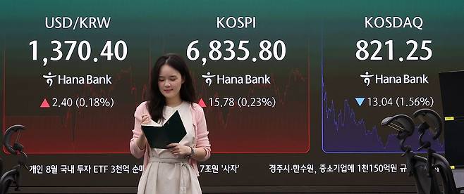 1일 서울 중구 하나은행 본점 딜링룸 전광판에 코스피 등이 나타나고 있다. 이날 코스피는 전일 종가와 비교해 15.78포인트(0.23%) 상승한 6835.80으로 거래를 마쳤다. 코스닥 지수는 전일 대비 13.04포인트(1.56%) 하락한 821.25로 마감했다. 뉴스1