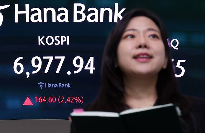 지난 14일 코스피 지수는 전 거래일 대비 2.42% 오른 6977.94로 마감했다. 서울 중구 하나은행 본점 딜링룸 전광판에 지수 종가가 표시돼 있다. 뉴스1