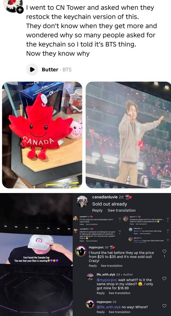 Popularidade explosiva do 'V Effect'... Chaveiros de shows no Canadá → Preços de bonés de beisebol dobram, 'esgotados repetidamente'