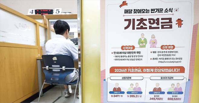 1일 서울 서대문구에 있는 국민연금공단 서울북부지역본부 종합상담실에서 한 남성이 상담을 받고 있다. 정부는 이날 기초연금 수급 기준을 ‘노인(65세 이상) 소득 하위 70%’로 계속 유지하되 소득 하위 30%에 월 3만원을 더 주는 방안을 내놨다./ 임지훈 기자