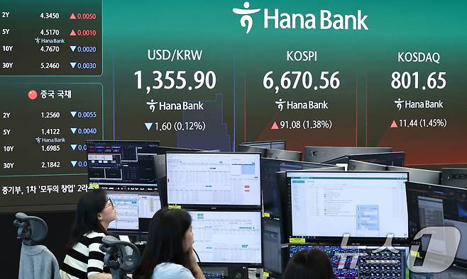 4일 오전 서울 중구 하나은행 딜링룸 전광판에 코스피 지수 등 시황이 표시되고 있다. 2026.9.4 ⓒ 뉴스1 이종수 기자
