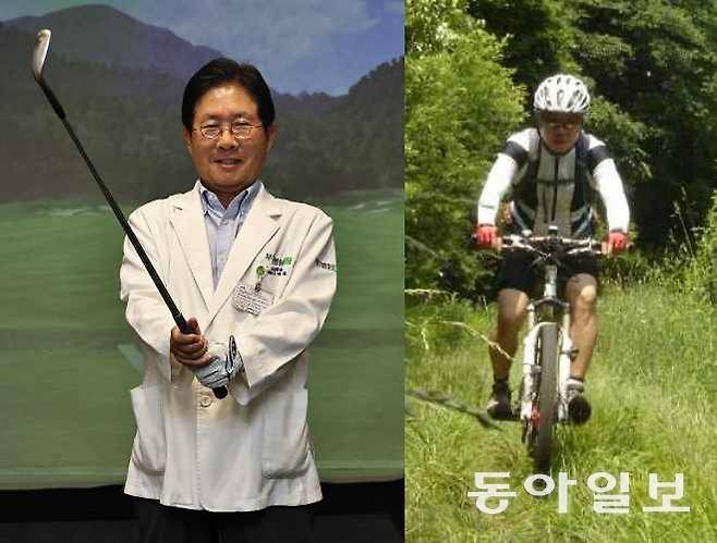 서경묵 서울부민병원 스포츠재활센터장이 서울 강서구 부민병원에 마련된 골프 스윙 분석실에서 아이언을 들고 포즈를 취했다.(왼쪽 사진). 오른쪽 사진은 서 센터장이 야외에서 MTB를 타는 모습. 양회성 기자 yohan@donga.com, 서경묵 센터장 제공
