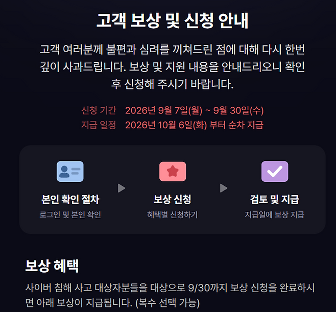 티빙이 공개한 개인정보 유출 피해 고객 보상 신청 및 지급 절차 안내.티빙 홈페이지 캡처