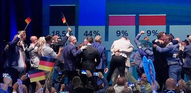 6일 독일 동부 작센안할트주 마그데부르크에서 극우 성향의 독일대안당(AfD) 당원들이 주의회 선거 개표 결과를 보고 기뻐하고 있다. 이날 AfD는 작센안할트 주의회 선거에서 43.8%를 득표하며 압승을 거뒀다. 마그데부르크=AP 뉴시스