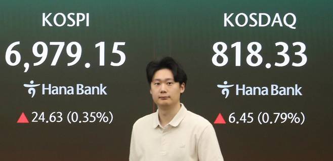 (서울=뉴스1) 이동건 수습기자 = 9일 오전 서울 중구 하나은행 딜링룸 전광판에 코스피 지수가 표시되고 있다. 이날 코스피 지수는 전 거래일 대비 18.35p(0.26%) 오른 6972.87로 출발했다. 2026.9.9/뉴스1 Copyright (C) 뉴스1. All rights reserved. 무단 전재 및 재배포, AI학습 이용 금지. /사진=(서울=뉴스1) 이동건 수습기자