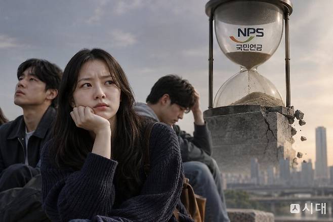 올해 6월 기준 국민연금 재정은 2050년 적자로 돌아선 뒤 2069년 소진될 것으로 보인다. 그렇게 되면 현재 스무 살 청년은 정년퇴직 때까지 보험료를 내고도 연금을 받지 못하는 최악의 상황을 맞을 수도 있다. 삽화는 AI가 제작했다.