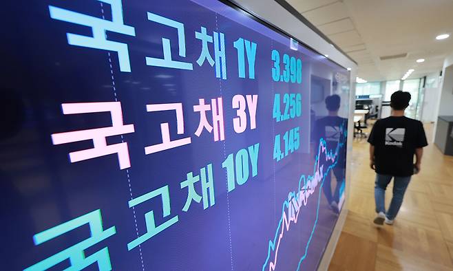 서울 종로구 연합인포맥스에 설치된 모니터에 한국 국채수익률이 표시되고 있다. 연합뉴스