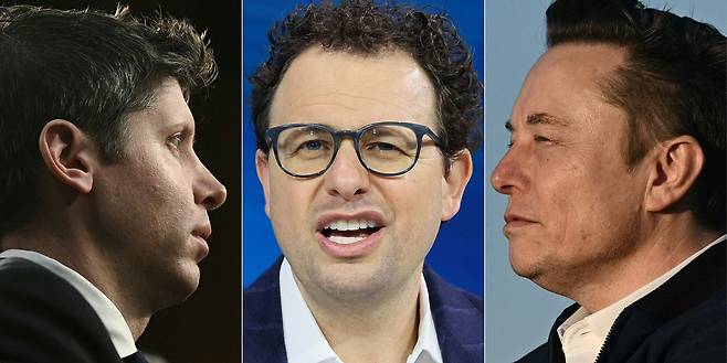샘 올트먼 오픈AI 최고경영자(CEO), 다리오 아모데이 앤트로픽 CEO, 일론 머스크 xAI CEO(왼쪽부터). AFP=연합뉴스
