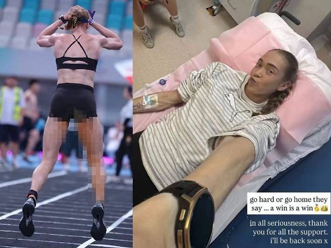 지난 12일 중국 베이징에서 열린 '하이록스' 대회에서 호주 국적 참가자 조안나 비에트시크가 다리에 배설물이 묻은 채 경기를 이어가고 있다(왼쪽). 경기 후 조안나는 병상에서 수액을 맞는 사진과 함께 "승리는 승리"라며 "응원해준 모든 분께 감사하다. 곧 돌아오겠다"는 글을 자신의 SNS에 올렸다. /사진=레딧, 비에트시크 인스타그램