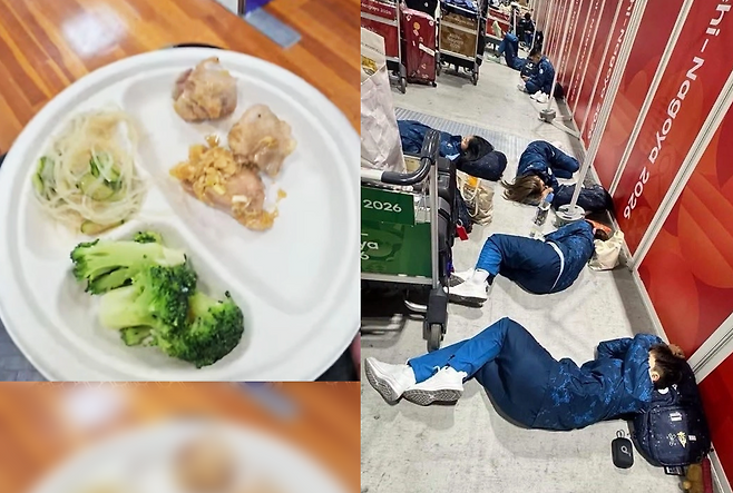 태국 테크볼 선수단이 공개한 선수촌 식당에서 받은 음식(왼쪽 사진). 태국 세팍타크로 대표팀이 크루즈선 로비 바닥에서 잠을 자는 모습. SNS 캡처