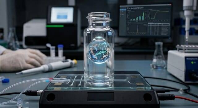 아일랜드 연구진이 물 한 방울에 들어 있는 수십억 개의 DNA 분자를 이용해 연산을 수행하는 DNA 기반 컴퓨터를 개발했다. (이미지=구글 제미나이 생성)