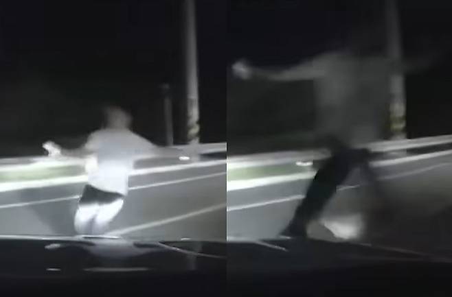 경기 이천시 한 시골길에서 외국인으로 보이는 남성 두 명이 차량을 가로막고 운전자를 위협하는 일이 벌어졌다. 운전자는 경찰에 신고했지만, 포기를 권유받았다고 주장했다. /사진=유튜브 채널 '한문철 TV'