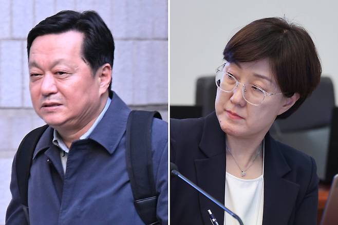 지난해 11월 정진상 전 더불어민주당 정무조정실장이 서울중앙지법에서 열린 공판에 출석하는 모습(왼쪽 사진), 김현지 대통령제1부속실장이 21일 청와대에서 열린 수석보좌관회의에 참석해 메모를 하고 있다. 뉴스1