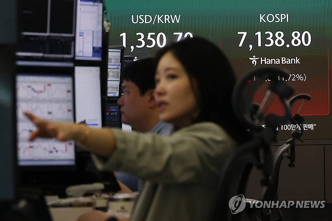 코스피, 상승출발 (서울=연합뉴스) 신준희 기자 = 23일 서울 중구 하나은행 본점 딜링룸 전광판에 실시간 원/달러 환율과 코스피가 표시돼 있다. 2026.9.23 hama@yna.co.kr