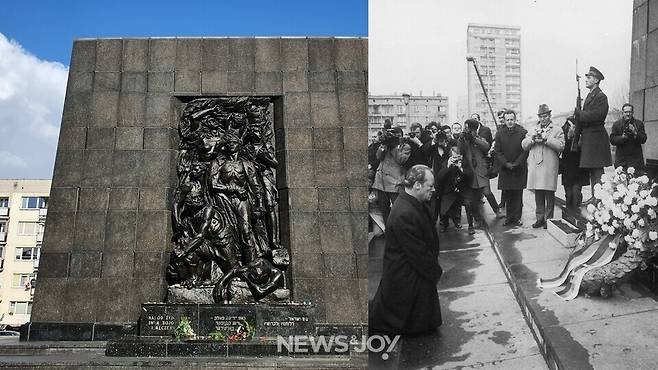 1943년 바르샤바 게토 봉기에서 희생된 유대인들을 기리는 게토 영웅 기념비. 사진 제공 나선진 / 1970년 12월 7일 서독 총리 빌리 브란트가 헌화 후 무릎을 꿇어 나치의 범죄를 참회했다. "무릎을 꿇은 것은 브란트 한 사람이지만 일어선 것은 독일 민족이었다." 사진 출처 GHDI