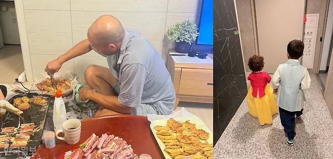 24일 해외입양인 박아름씨가 37년만에 찾아온 친정에서 박씨 남편(왼쪽)이 전을 부치고 있다. 오른쪽은 한복을 입고 외할머니댁에 온 박씨의 자녀들. 박씨 제공