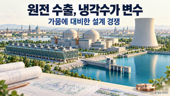 원전 확대를 추진하는 중동부 유럽에서 공랭식 설비와 냉각탑, 인공 저수지 연계 등 가뭄 대응 설계가 수주 경쟁 요소로 부상하고 있다. KIEP는 한국이 시공 경쟁력과 함께 현지 여건에 맞는 냉각 설계와 서방 핵연료 공급망 협력을 강화할 필요가 있다고 분석했다. ⓒ데일리안 배군득 기자(생성형AI를 활용해 제작했으며, 수치와 내용은 기자가 검수함.)
