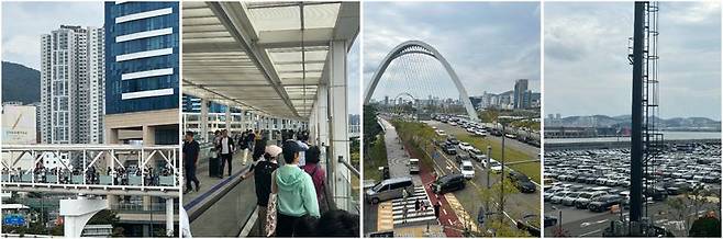 추석인 25일 부산항 북항 친수공원에 상어 '부캉이'를 보려는 시민과 관광객들이 몰렸다. 왼쪽부터 부산역에서 친수공원으로 향하는 인파, 공원으로 이어지는 보행로를 가득 메운 방문객, 차량으로 붐비는 북항 일대 도로, 차량으로 가득 찬 주차장 모습. 사진=김경민 기자