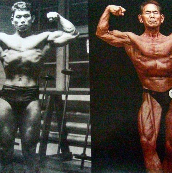 일본 90세 현역 보디빌더 가나자와 도시스케의 젊은 시절 모습과 현재 모습 비교. 사진=가나자와 도시스케 인스타그램 캡처