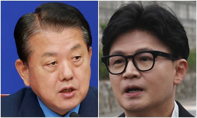 지난 22일 국회에서 열린 더불어민주당 전작권환수추진단 출범식에 참석한 김병주 민주당 의원. 오른쪽은 한동훈 무소속 의원이 지난 24일 서울 용산구 국방부 앞에서 1인 시위를 할 때의 모습. 연합뉴스