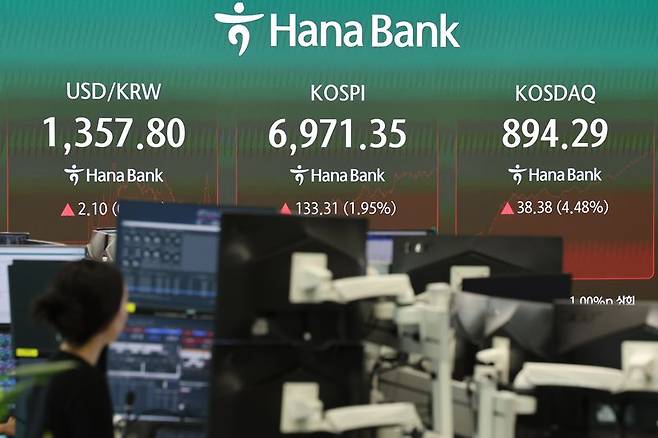 1일 오후 서울 중구 하나은행 딜링룸에서 딜러들이 업무를 보고 있다. 뉴시스