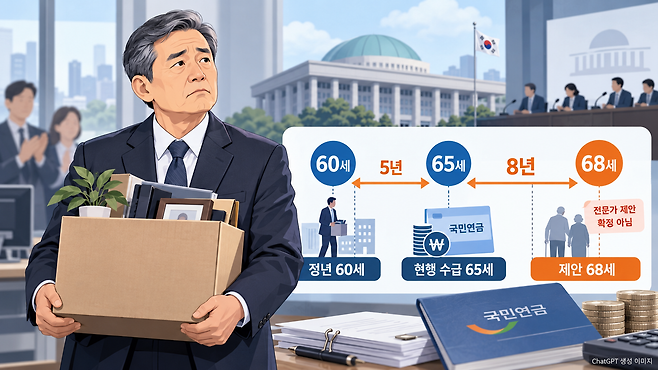 정년 60세와 현행 국민연금 수급 개시 연령 65세, 전문가가 제안한 68세 상향안을 표현한 이미지. 68세 수급안은 국회 토론회에서 제시된 전문가 제안으로 아직 확정된 제도가 아니다. ChatGPT 생성 이미지