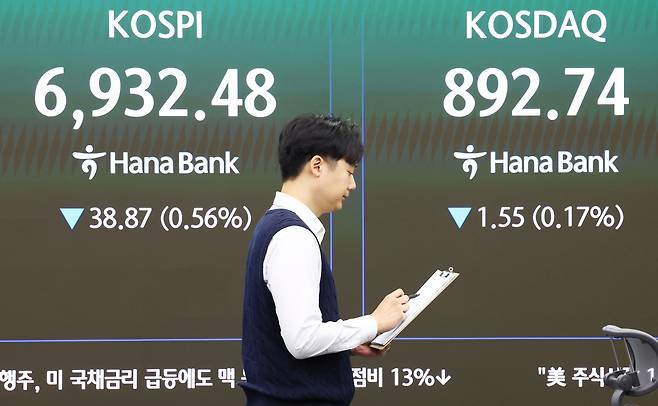 2일 서울 중구 하나은행 딜링룸 현황판에 코스피와 코스닥 지수 등이 표시되고 있다. 연합뉴스
