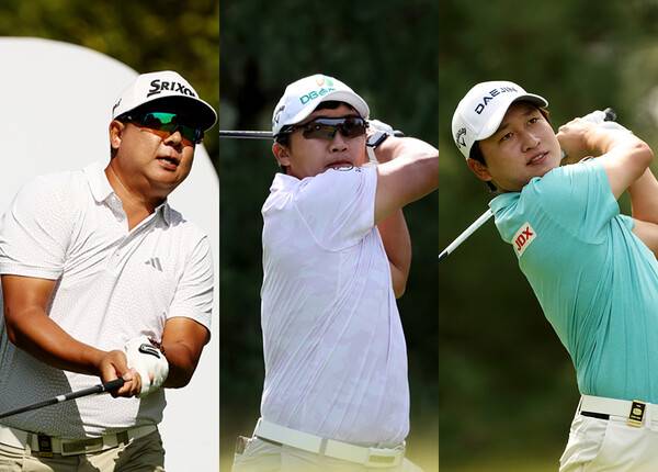 2026년 한국프로골프(KPGA) 투어 현대해상 최경주 인비테이셔널 우승 경쟁에 뛰어든 김연섭, 김홍택, 왕정훈 프로가 3라운드에서 경기하는 모습이다. 사진제공=KPGA (사진을 무단으로 사용하지 마십시오.)