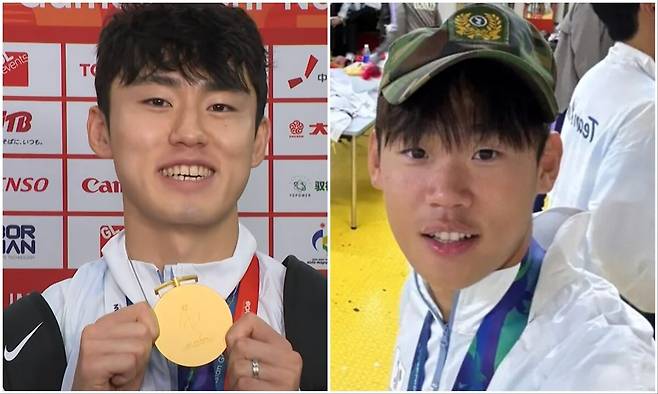 금메달을 딴 뒤 언론 인터뷰 중인 이기혁 선수와, ‘전역모’를 쓴 사진을 사회관계망서비스(SNS)에 올린 박승수 선수. 유튜브 채널 ‘엠빅뉴스’ 영상 갈무리, 커뮤니티 갈무리