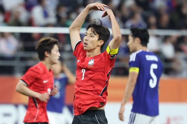 3일 일본 아이치현 도요타 스타디움에서 열린 2026 아이치·나고야 아시안게임 축구 결승전 대한민국과 일본의 경기, 대한민국 엄지성이 선제골을 넣은뒤 세리머니를 하고 있다. 사진=뉴스1
