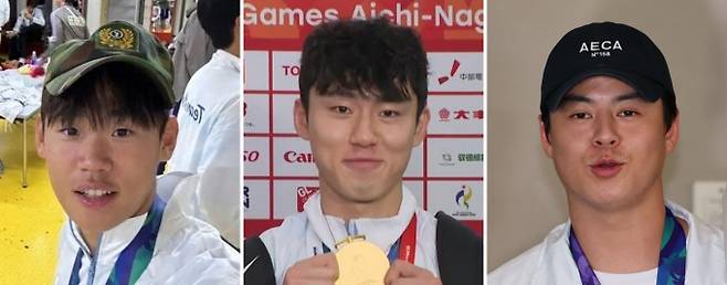 2026 아이치·나고야 아시안게임에서 금메달을 딴 축구 국가대표 선수 박승수(왼쪽)와 주장 이기혁(가운데), 야구 국가대표 주장 노시환이 최근 군 면제 관련 실언으로 공정 논란을 일으켰다./사진=뉴스1·SNS