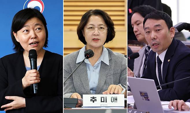 설전 멈출까 김지용 초대 중대범죄수사청장 후보자 지명을 둘러싼 범여권 내 갈등이 격화하며 파장이 이어지고 있다. 이재명 대통령과 더불어민주당 김민석 대표가 진화에 나섰지만 14일 김 후보자 인사청문회를 앞두고 여권은 물론 중수청 내부에서도 이견이 제기되며 논란이 계속되고 있다. 왼쪽부터 임은정 초대 광주지방중대범죄수사청장, 추미애 경기도지사, 더불어민주당 김용민 의원. 연합뉴스·허정호 선임기자